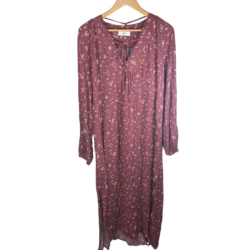 Natural Life Burgundy‎ Floral Print Maxi Dress Tie Neck Long Sleeve Womens XL